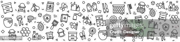 apiary patterns with linear icons, trendy linear style vector - bee hive drawing stock illustrations
