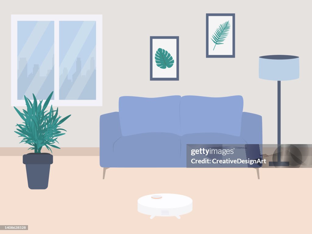Home Cleaning Concept With Robot Cleaner. Living Room Interior With Robot Cleaner, Sofa, Potted Plant And Floor Lamp.