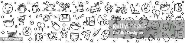 baby patterns with linear icons, trendy linear style vector - daycare stock illustrations