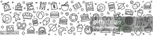 bakery patterns with linear icons, trendy linear style vector - baking icons stock illustrations