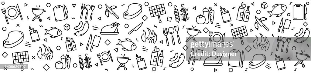 BBQ AND GRILL Patterns with Linear Icons, Trendy Linear Style Vector
