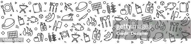 bbq and grill patterns with linear icons, trendy linear style vector - restaurant background outdoor stock illustrations