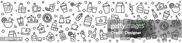 ilustraciones, imágenes clip art, dibujos animados e iconos de stock de beverages patrones con iconos lineales, vector de estilo lineal de moda - bar bottles background