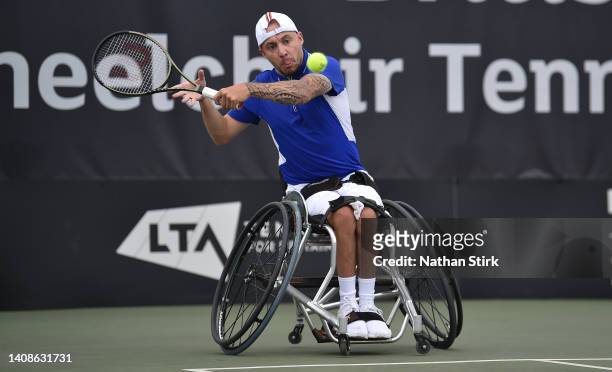 Andy Lapthorne of Great Britain plays against Donald Ramphadi during day three of the British Open Wheelchair Tennis Championships at Nottingham...