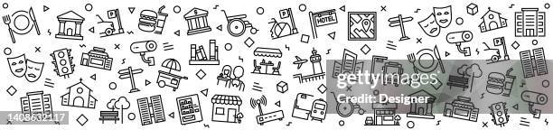 city elements patterns with linear icons, trendy linear style vector - roadside stock illustrations