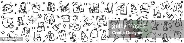 cleaning patterns with linear icons, trendy linear style vector - cleaning product icon stock illustrations