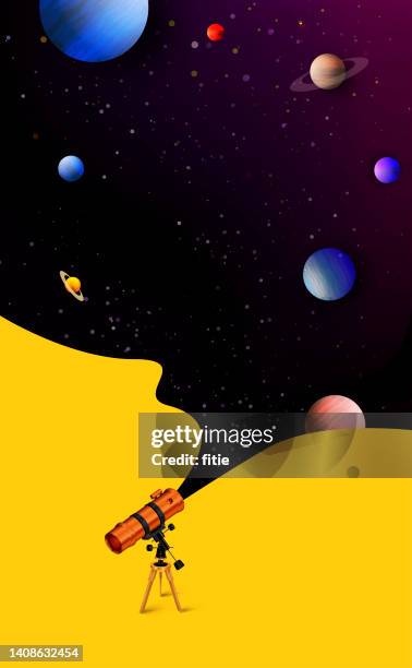 ilustraciones, imágenes clip art, dibujos animados e iconos de stock de una vista del lejano cielo nocturno cósmico a través de un telescopio astronómico - espacio