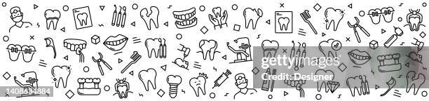 ilustraciones, imágenes clip art, dibujos animados e iconos de stock de patrones dentales con iconos lineales, vector de estilo lineal de moda - sonrisa con dientes