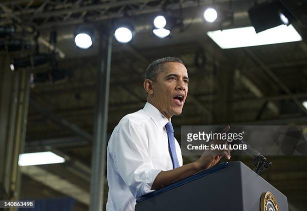 President Barack Obama speaks on the economy and fuel consumption after touring the Daimler Trucks North America Manufacturing plant in Mount Holly,...