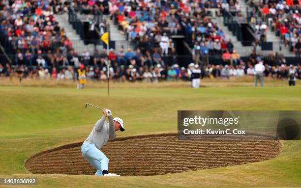 Alexander Bjork of Sweden plays a bunker shot on the second hole during Day One of The 150th Open at St Andrews Old Course on July 14, 2022 in St...