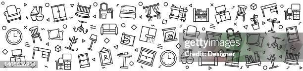 furniture patterns with linear icons, trendy linear style vector - kitchen table background stock illustrations