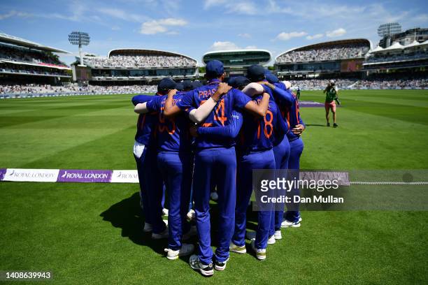 The India players huddle on the boundary prior to the start of play during the 2nd Royal London Series One Day International between England and...