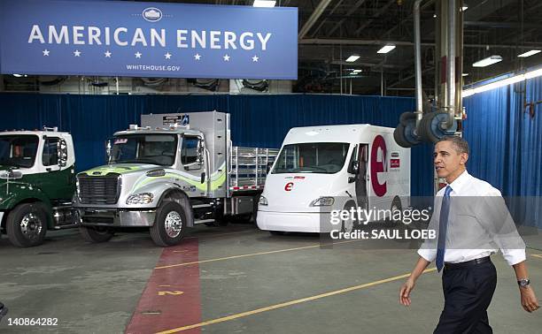 President Barack Obama leaves after speaking on the economy and fuel consumption following a tour of the Daimler Trucks North America Manufacturing...