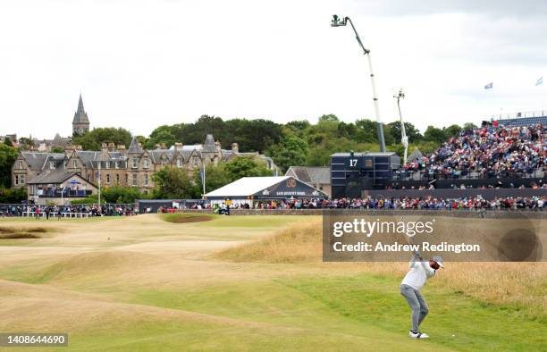 Cameron Young of the United States plays his second shot on the seventeenth hole during Day One of The 150th Open at St Andrews Old Course on July...