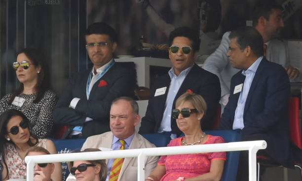 Sourav Ganguly and Sachin Tendulkar sit in a hospitality box during the second Royal London ODI at Lord's Cricket Ground on July 14, 2022 in London,...