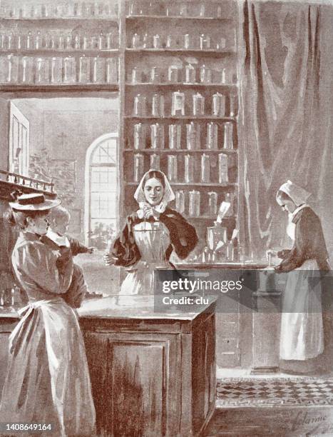 modern female professions: pharmacist - pharmacist working stock illustrations