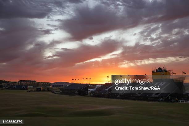 General view of the 1st hole grandstand and the 1st and 18th holes at sunset following a practice round prior to The 150th Open at St Andrews Old...