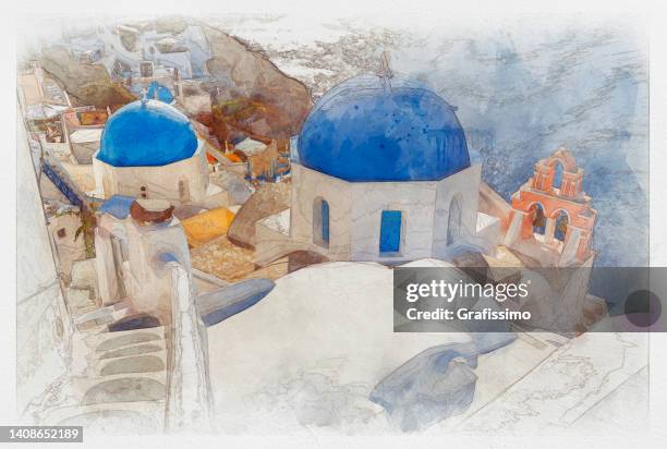 santorini bell tower and blue domes in oia on greece watercolor painting - santorini 幅插畫檔、美工圖案、卡通及圖標