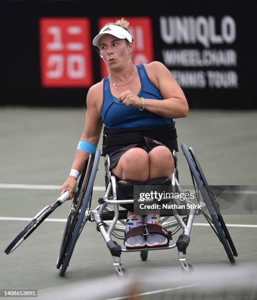 Lucy Shuker of Great Britain reacts as she plays against Maayan Zikri of Israel during day three of the British Open Wheelchair Tennis Championships...