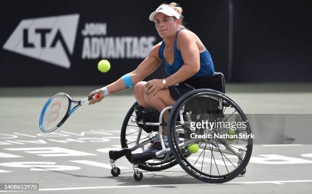 Lucy Shuker of Great Britain reacts as she plays against Maayan Zikri of Israel during day three of the British Open Wheelchair Tennis Championships...