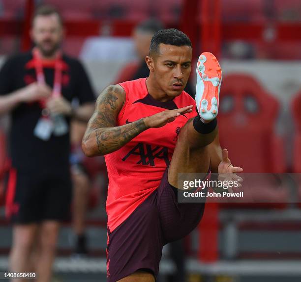 Thiago Alcantara of Liverpool during an open training session at The Singapore National Stadium on July 14, 2022 in Singapore.