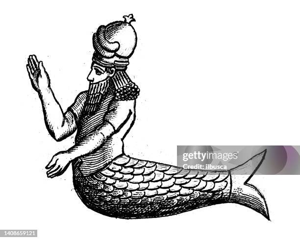 antique engraving illustration, civilization: assyrian art, dagon - persian stock illustrations