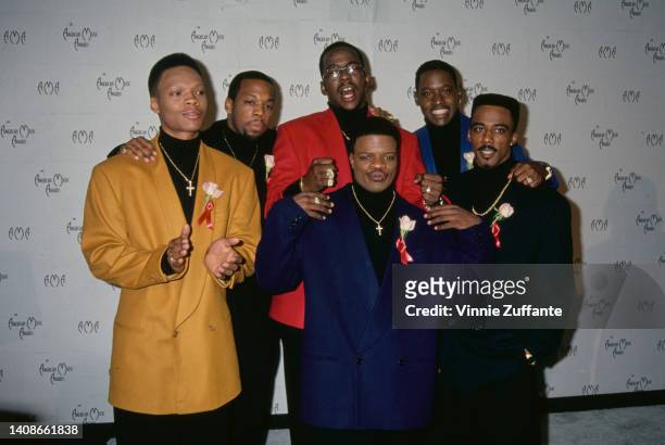 From left to right "New Edition" band members Ronnie DeVoe, Michael Bivins, Ricky Bell, Bobby Brown, Johnny Gill and Ralph Tresvant attend the 21st...