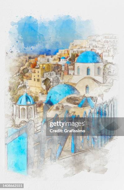 santorini bell tower and blue domes in oia on greece watercolor painting - santorini 幅插畫檔、美工圖案、卡通及圖標