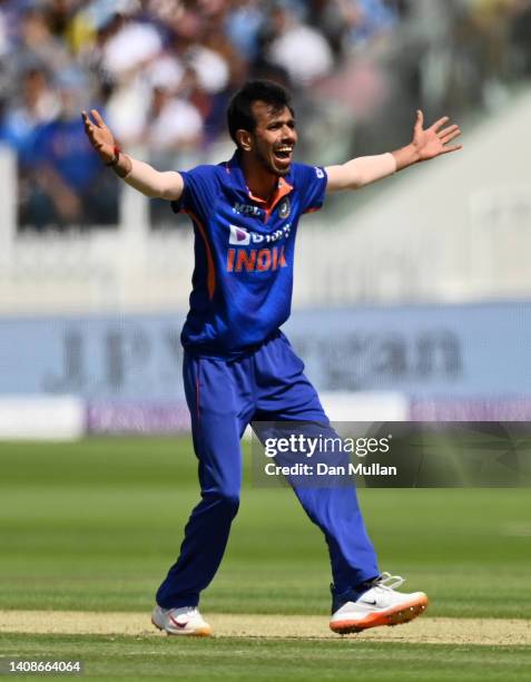 Yuzvendra Chahal of India appeals for the wicket of Ben Stokes of England during the 2nd Royal London Series One Day International between England...
