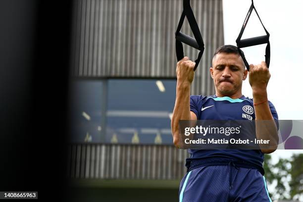 Alexis Sanchez of FC Internazionale in action during the FC Internazionale training session at the club's training ground Suning Training Center at...