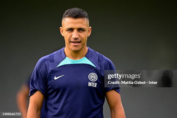 Alexis Sanchez of FC Internazionale looks on during the FC Internazionale training session at the club's training ground Suning Training Center at...