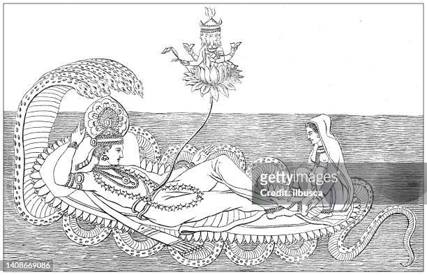 antique engraving illustration, civilization: brahma, vishnu and lakshmi - brama stock illustrations