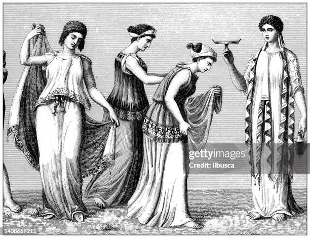 stockillustraties, clipart, cartoons en iconen met antique engraving illustration, civilization: greek women - greek islands