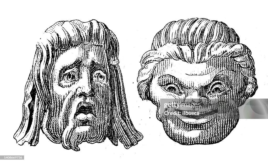 Gravure ancienne illustration, Civilisation : masques de théâtre grec
