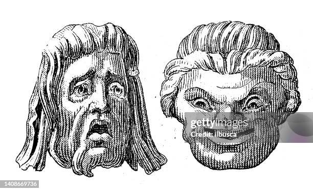 illustrazioni stock, clip art, cartoni animati e icone di tendenza di illustrazione di incisione antica, civiltà: maschere teatrali greche - theatrical masks