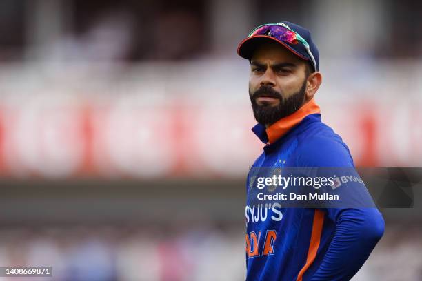 Virat Kohli of India signals to his team mates during the 2nd Royal London Series One Day International between England and India at Lord's Cricket...
