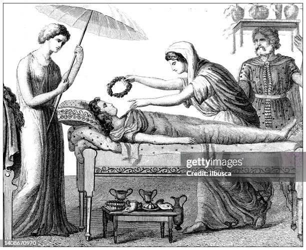 antique engraving illustration, civilization: greeks - female corpse stock illustrations