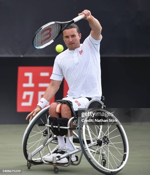 Gordon Reid of Great Britain plays against Dermot Bailey of Great Britain during day three of the British Open Wheelchair Tennis Championships at...