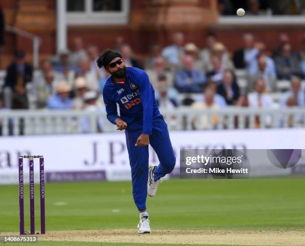 Ravindra Jadeja of India bowls during the 2nd Royal London Series One Day International between England and India at Lord's Cricket Ground on July...