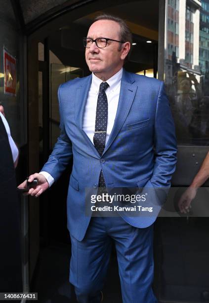 Actor Kevin Spacey leaves the Old Bailey Central Criminal Court on July 14, 2022 in London, England. The Hollywood actor faces four counts of sexual...