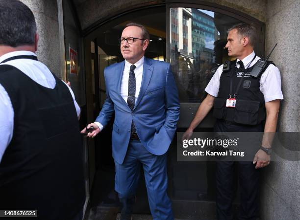 Actor Kevin Spacey leaves the Old Bailey Central Criminal Court on July 14, 2022 in London, England. The Hollywood actor faces four counts of sexual...