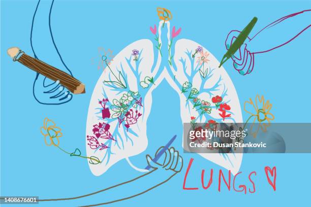 stockillustraties, clipart, cartoons en iconen met children's lung drawing - ademhalingsstelsel
