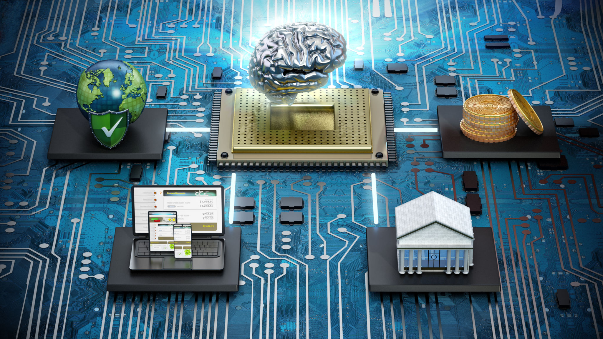 Bank building, globe, electronic devices and crypto currency on microchips controlled by an artificial intelligence Bank building, globe, electronic devices and crypto currency on microchips controlled by an artificial intelligence