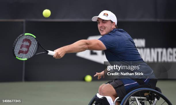 Dermot Bailey of Great Britain plays against Gordon Reid of Great Britain during day three of the British Open Wheelchair Tennis Championships at...