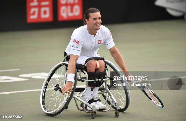 Gordon Reid of Great Britain plays against Dermot Bailey of Great Britain during day three of the British Open Wheelchair Tennis Championships at...
