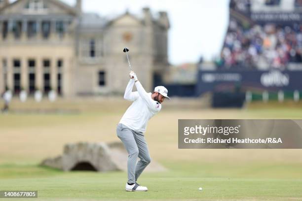 Cameron Young of the United States plays his shot from the 18th tee during Day One of The 150th Open at St Andrews Old Course on July 14, 2022 in St...