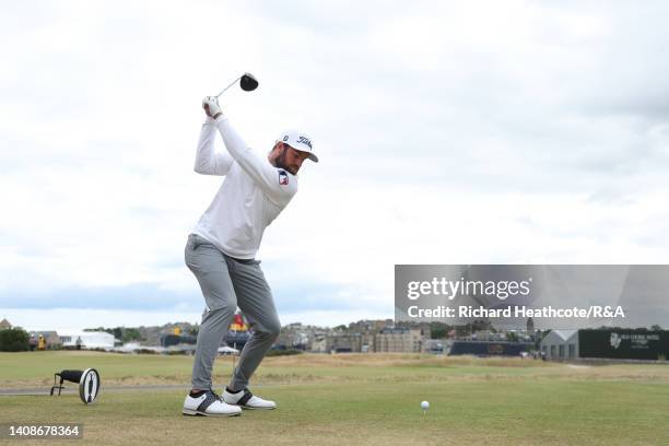 Cameron Young of the United States plays his shot from the 16th tee during Day One of The 150th Open at St Andrews Old Course on July 14, 2022 in St...