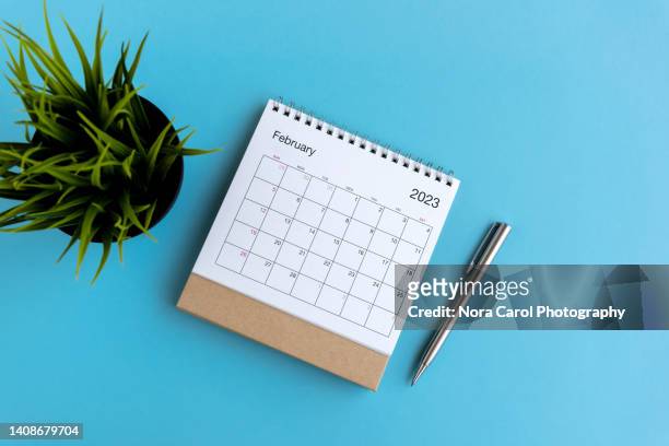 february 2023 desk calendar on blue background - february stock-fotos und bilder