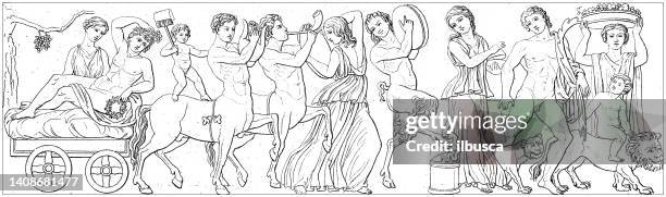 antique engraving illustration, civilization: greek and roman deities and mythology, bacchus celebration - greek mythology stock illustrations