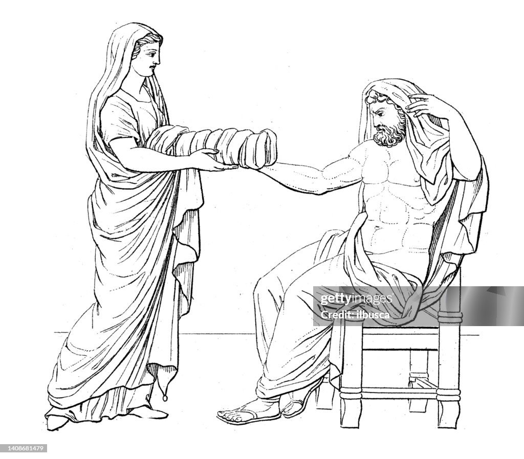 Antique engraving illustration, Civilization: Greek and Roman deities and mythology, Rhea (Ops) and Cronus (Saturn)